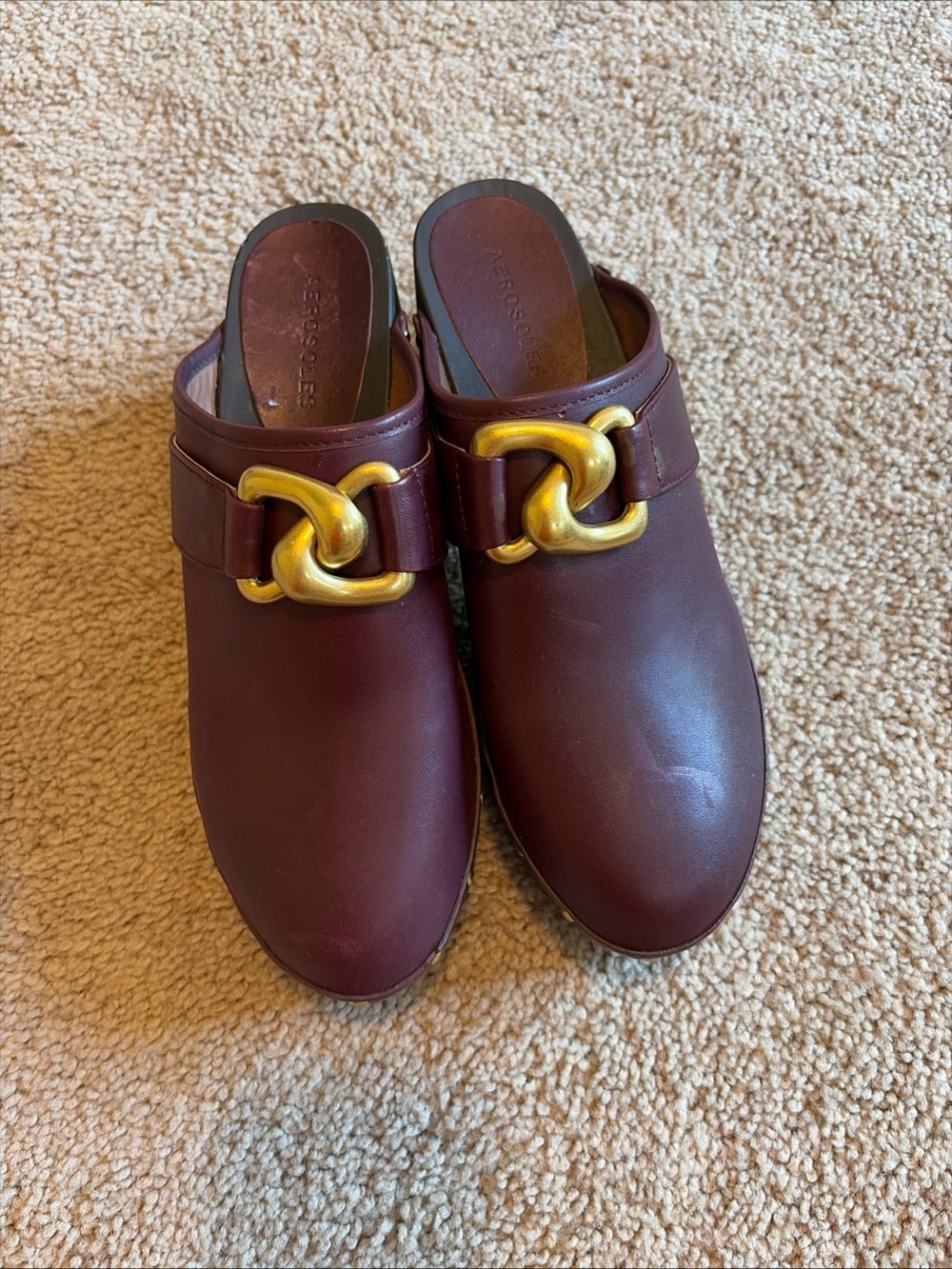 Aerosoles Crosby Maroon Leather Chain Link Studded Platform Clog Mules Women 8.5